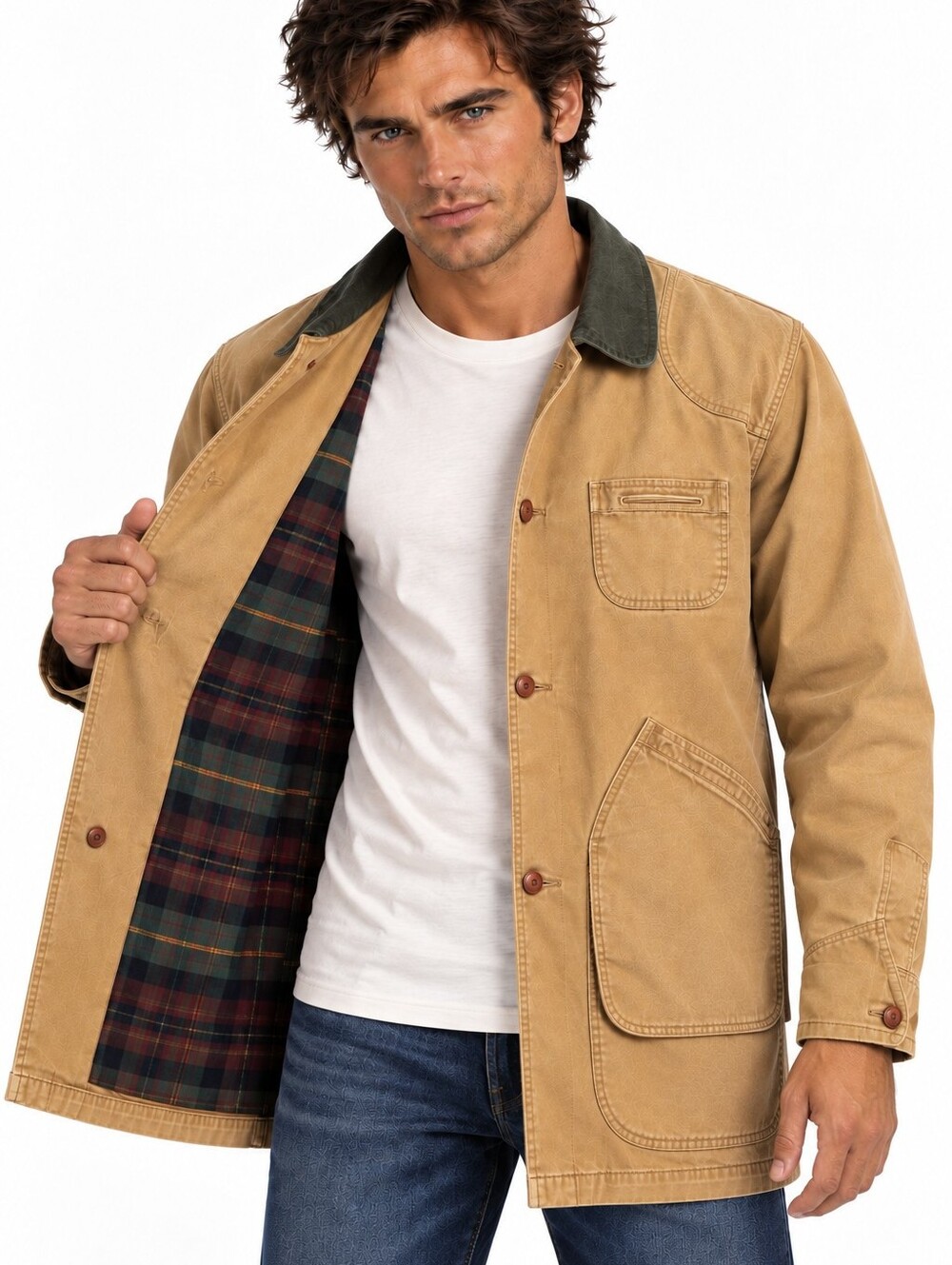 L.L.Bean Men's Large Tall Chore Coat Plaid Lined Barn Jacket Tan EUC